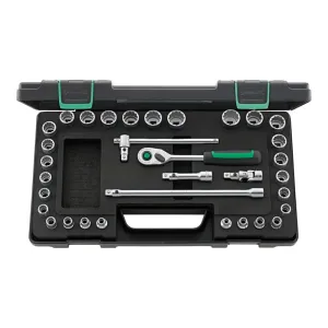 Stahlwille 96020107 3/8" Bi-Hex Socket Set with QuickRelease Ratchet - 33-Piece Set (7mm-22mm & 1/4"-7/8"), Durable Chrome Alloy Steel, Ideal for Heavy-Duty Applications, Made in Germany