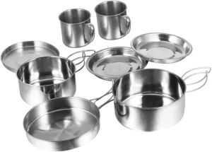 Stainless Steel Camping Pot Set 8-Piece Hiking Cookware for Easy-Clean Camping and Outdoor Cooking