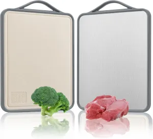 Stainless Steel Cutting Board, Double Sided Cutting Boards for Kitchen, Food Grade Stainless Steel/Wheat Straw PP, Large Size 16" x 12" Easy to Clean