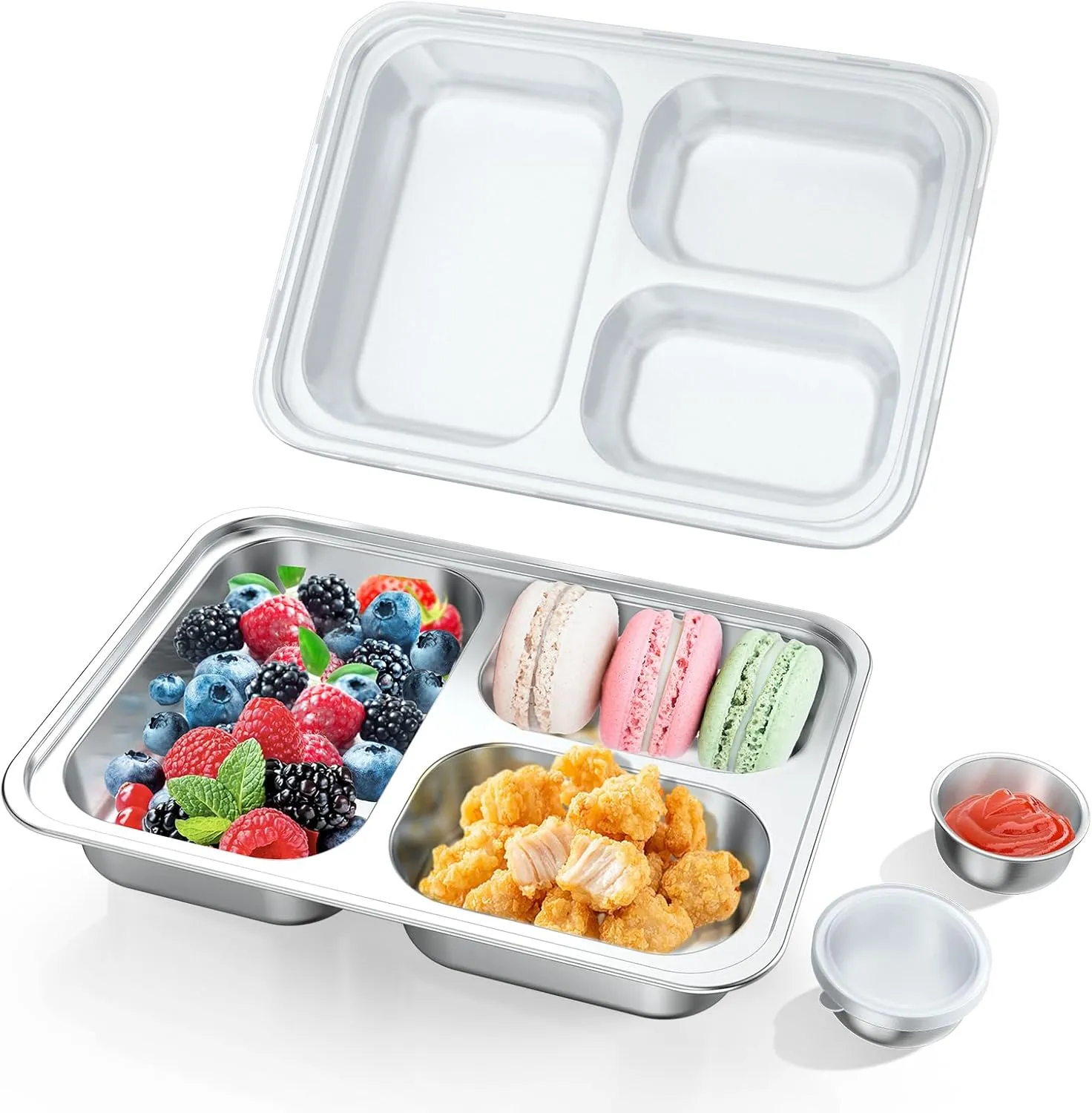 Stainless Steel Divided Plate for Kids Toddler, Non Toxic Portion Control Plate Dinner Plate with Lid for Adults Weight Loss, 2 Pack 3 Sections Rectangular Snack Plate Tray