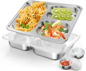 Stainless Steel Divided Plate for Kids Toddler, Non Toxic Portion Control Plate Dinner Plate with Lid for Adults Weight Loss, 2 Pack 3 Sections Rectangular Snack Plate Tray