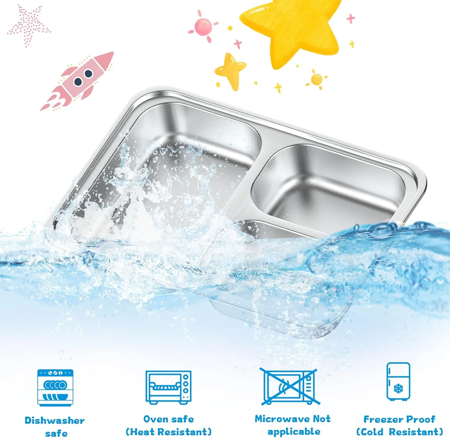 Stainless Steel Divided Plate for Kids Toddler, Non Toxic Portion Control Plate Dinner Plate with Lid for Adults Weight Loss, 2 Pack 3 Sections Rectangular Snack Plate Tray