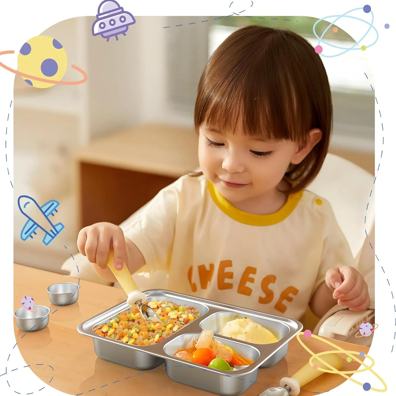 Stainless Steel Divided Plate for Kids Toddler, Non Toxic Portion Control Plate Dinner Plate with Lid for Adults Weight Loss, 2 Pack 3 Sections Rectangular Snack Plate Tray