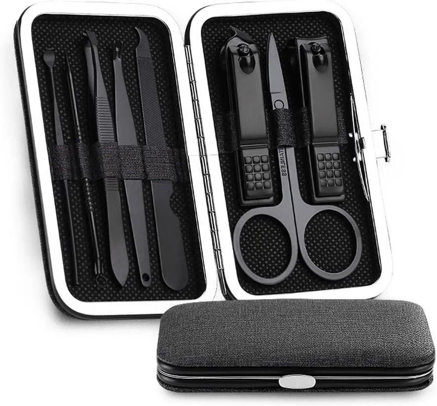 Stainless Steel Nail Clippers Manicure Tool Portable Pedicure Sets with Button Lock for Man 8 Pieces (Color : B)