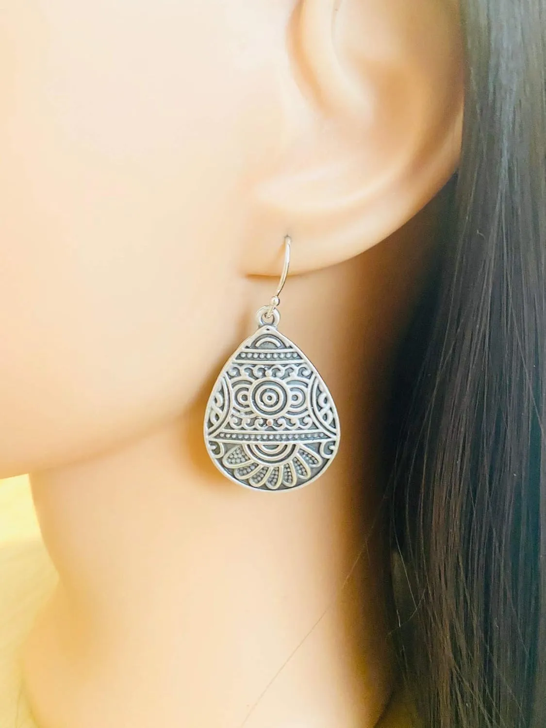 Stamped Celestial Design Teardrops on Sterling Silver Earrings