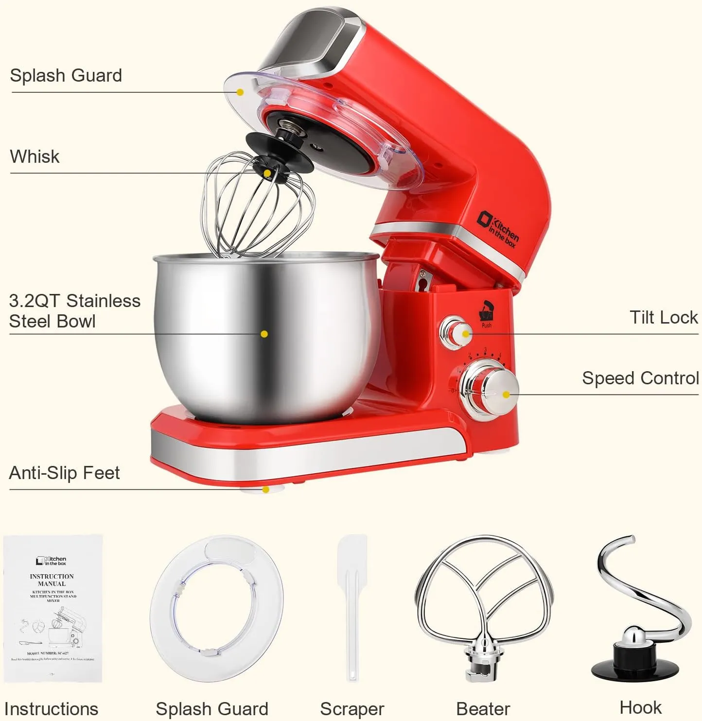 Stand Mixer, Kitchen in the box 3.2Qt Small Electric Food Mixer,6 Speeds Portable Lightweight Kitchen Mixer for Daily Use with Egg Whisk,Dough Hook,Flat Beater (Red) (Renewed)
