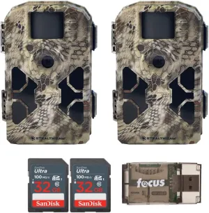 Stealth Cam 2020 G42NG 24MP Trail Cameras (2-Pack) and Memory Cards Bundle. No-Glow Flash, 100-Ft. IR Range, Kryptek Camo, HD Video (5 Items)