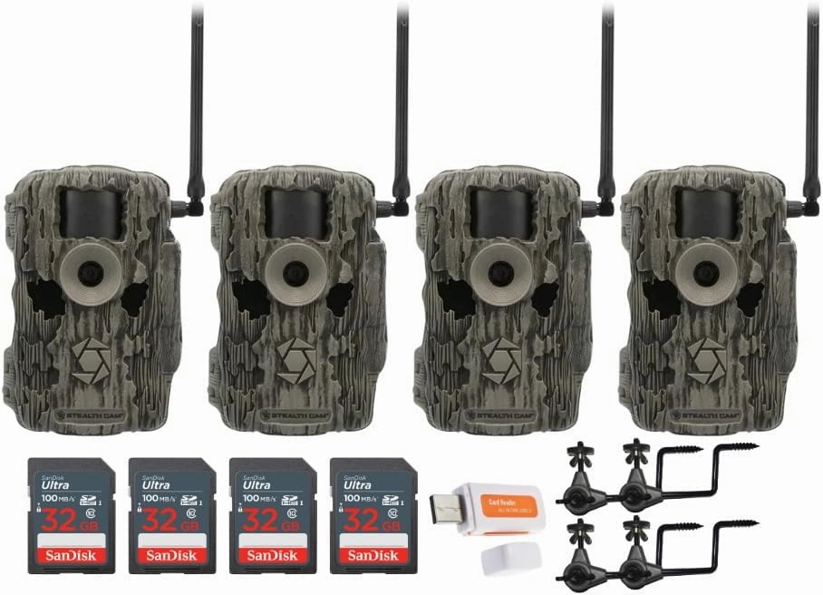 Stealth Cam 36MP Fusion Max Cellular Trail Camera with 80 Feet Detection Range (4-Pack) Bundle with 4X Camera Holder, 4X 32GB Memory Card, and Card Reader (13 Items)