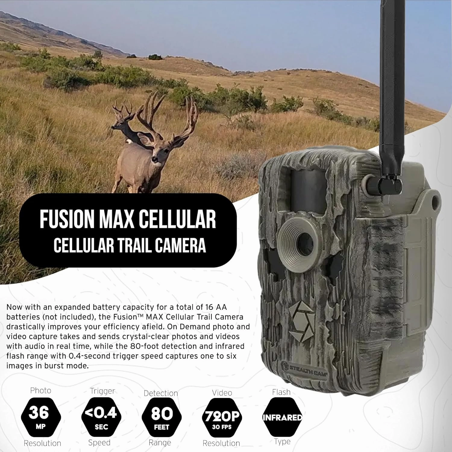 Stealth Cam 36MP Fusion Max Cellular Trail Camera with 80 Feet Detection Range (4-Pack) Bundle with 4X Camera Holder, 4X 32GB Memory Card, and Card Reader (13 Items)