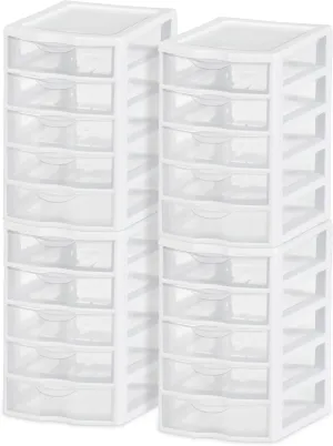 Sterilite Small 5 Drawer Desktop Storage Unit, Tabletop Organizer for Desk, Countertop at Home, Office, Bathroom, White with Clear Drawers, 4-Pack