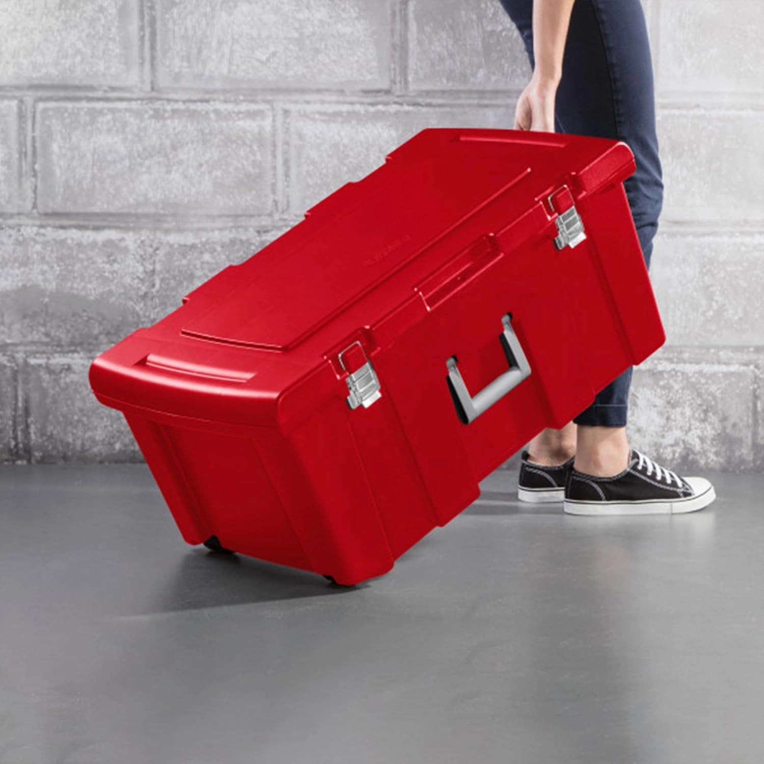 Sterilite 2 Pack Wheeled Footlocker, Lockable Plastic Utility Storage Container, Red