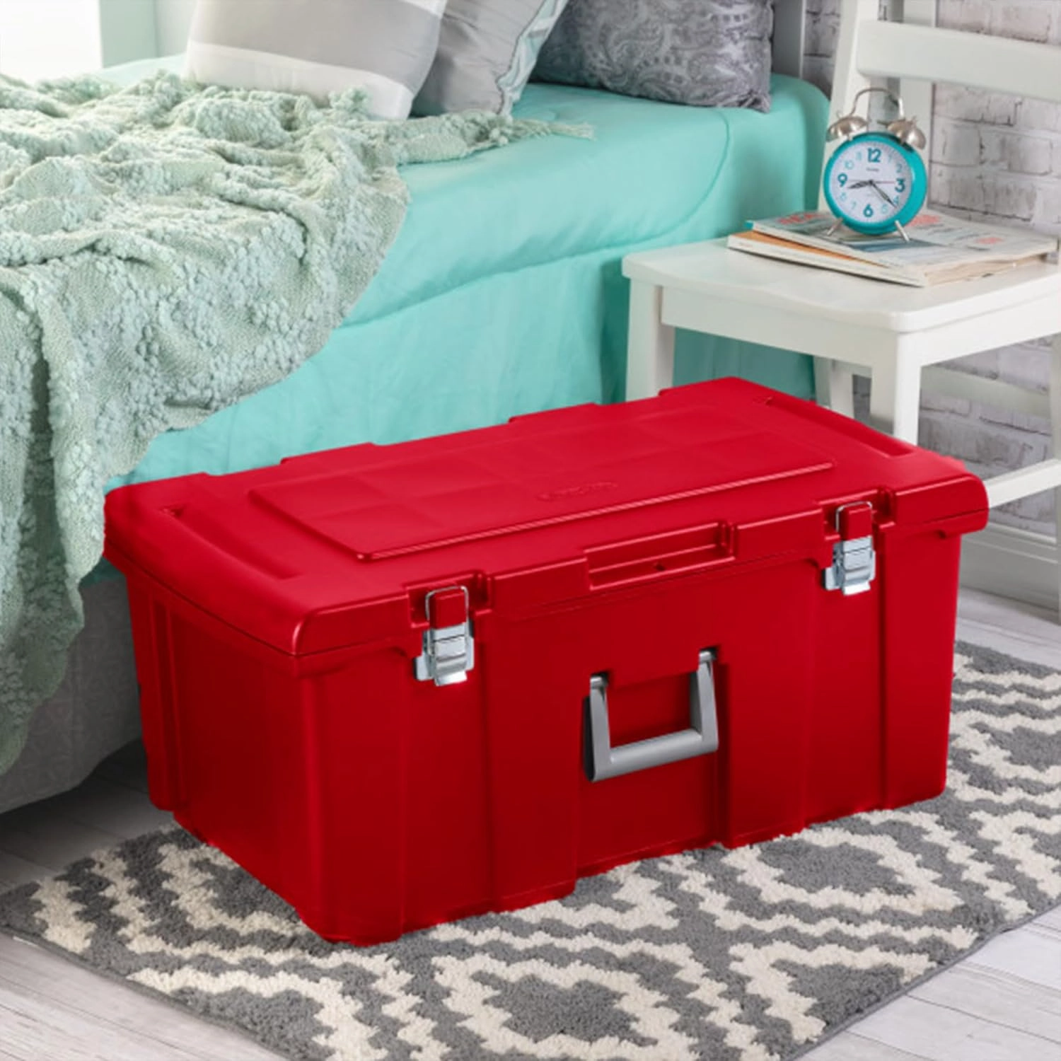 Sterilite 2 Pack Wheeled Footlocker, Lockable Plastic Utility Storage Container, Red