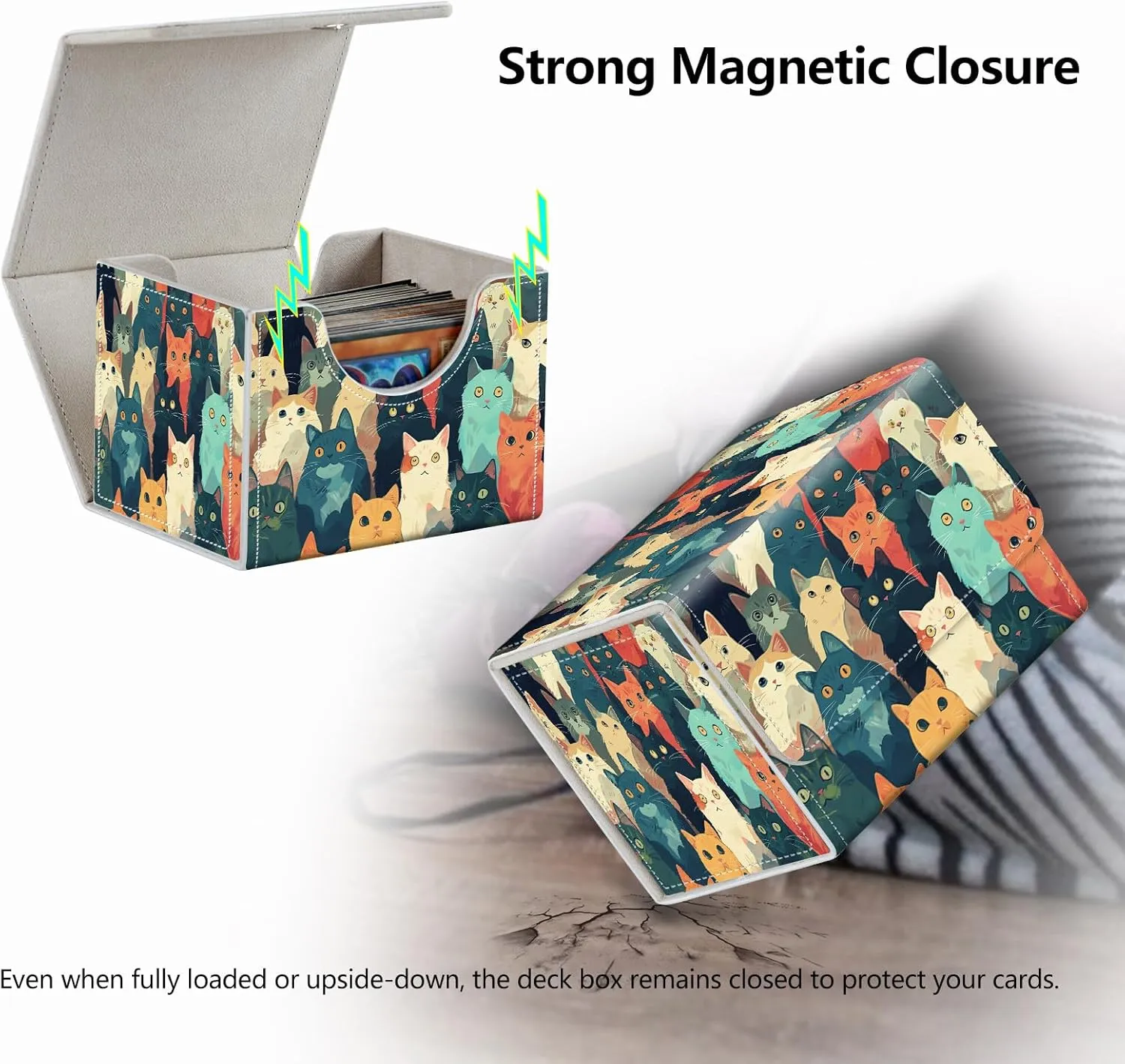 Strong Magnet Case Mtg Magic Deck Box Tcg Up to 200 Cards Creative Pattern Trading Card Storage Box for Collectible Card Games, Lots Of Cute Cats In Colors