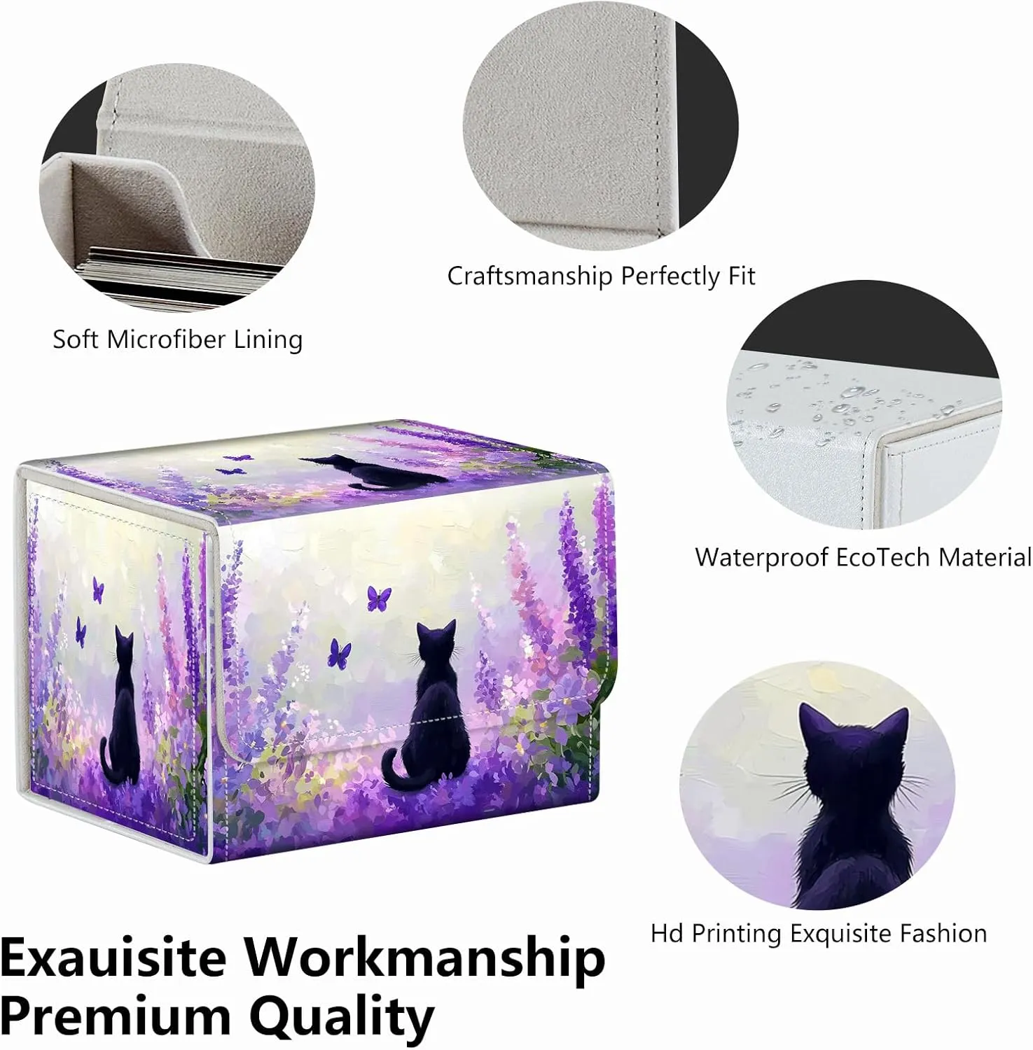 Strong Magnet MTG Demon Deck Box Playing Card Case Magic The Gathering Commander Deck Box Creative Pattern Trading Card Storage Box for Collectible Games, Cat Purple Lavender Butterfly