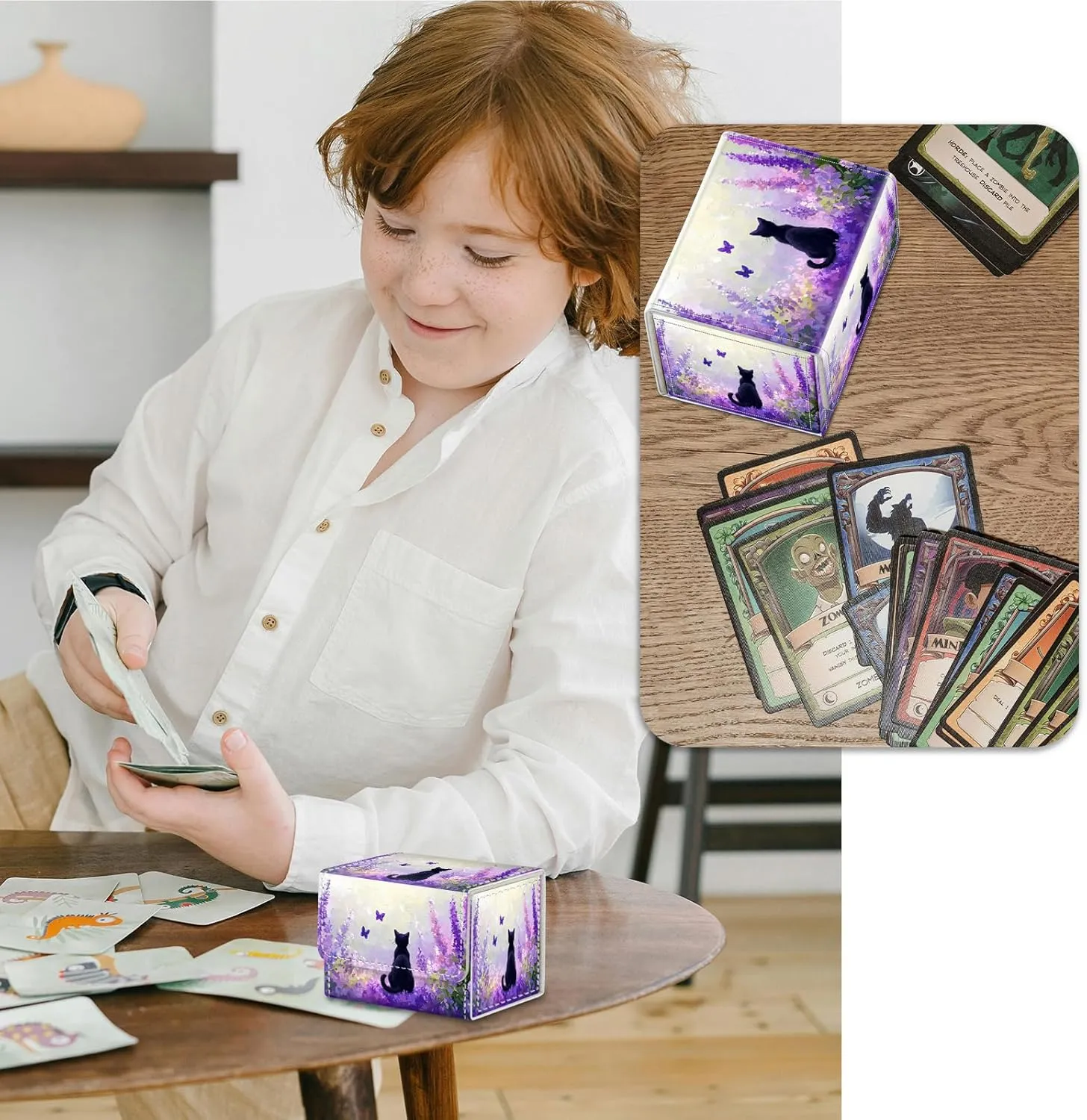 Strong Magnet MTG Demon Deck Box Playing Card Case Magic The Gathering Commander Deck Box Creative Pattern Trading Card Storage Box for Collectible Games, Cat Purple Lavender Butterfly