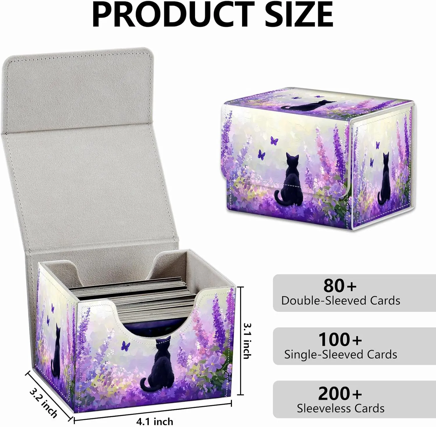 Strong Magnet MTG Demon Deck Box Playing Card Case Magic The Gathering Commander Deck Box Creative Pattern Trading Card Storage Box for Collectible Games, Cat Purple Lavender Butterfly