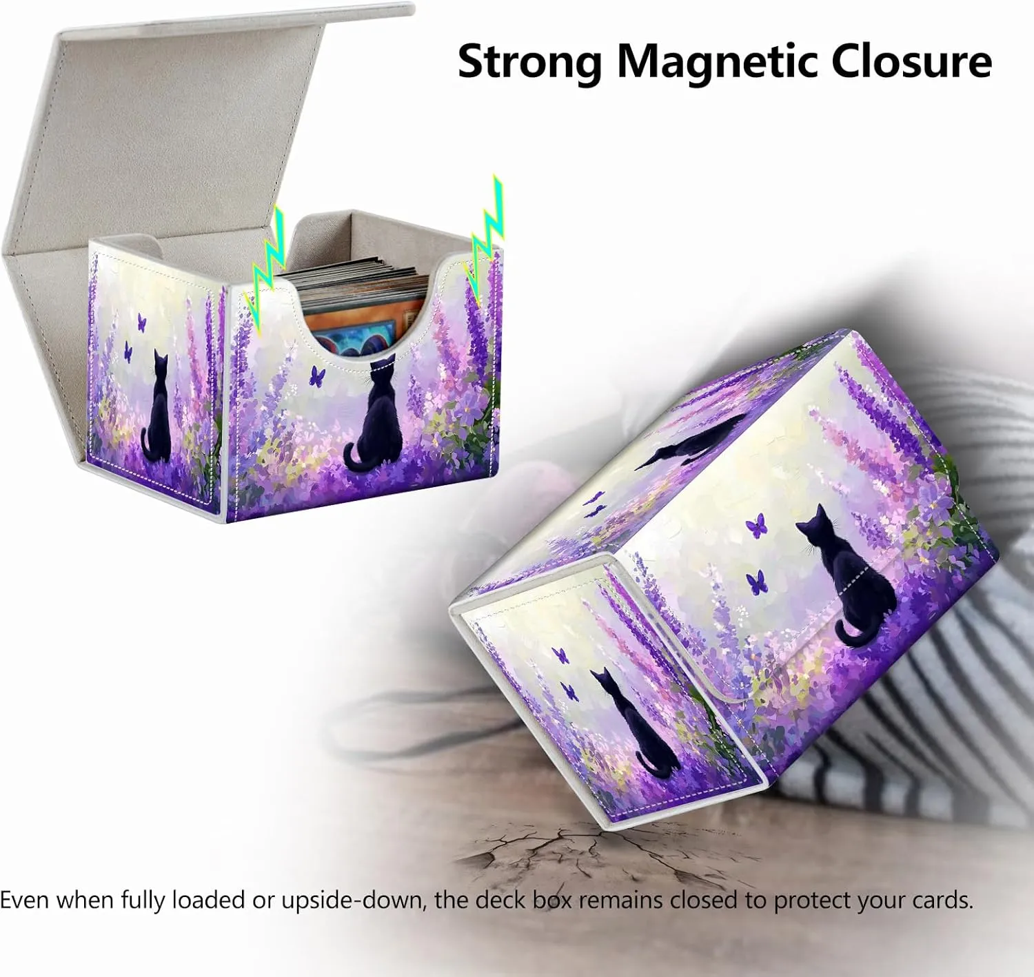 Strong Magnet MTG Demon Deck Box Playing Card Case Magic The Gathering Commander Deck Box Creative Pattern Trading Card Storage Box for Collectible Games, Cat Purple Lavender Butterfly