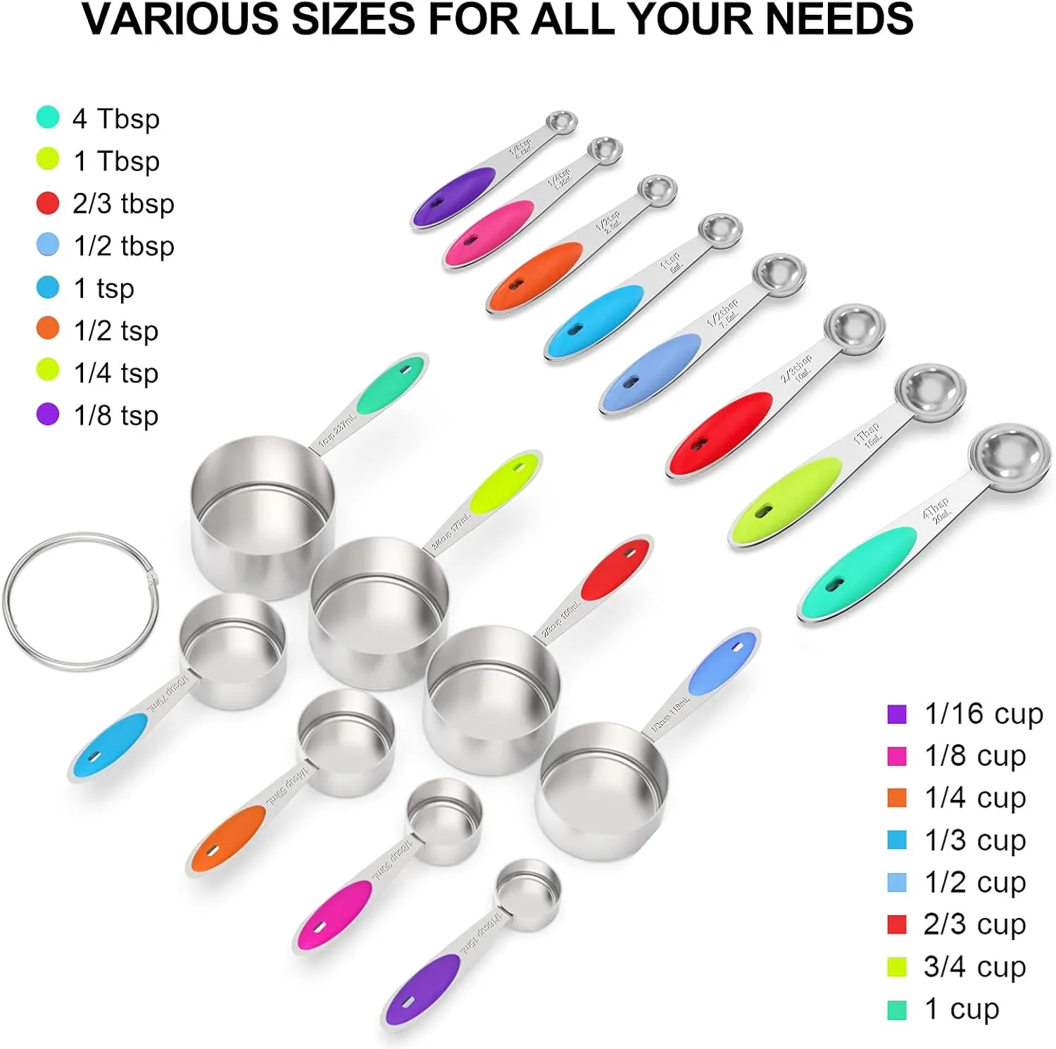 Stylish Measuring Set by Wildone - 21 Steel Compact Pieces, 8 cups, 8 spoons & 5 mini spoons, Colored Handles, For Dry & Liquid Ingredients