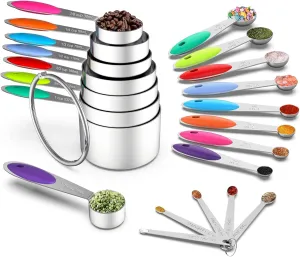 Stylish Measuring Set by Wildone - 21 Steel Compact Pieces, 8 cups, 8 spoons & 5 mini spoons, Colored Handles, For Dry & Liquid Ingredients