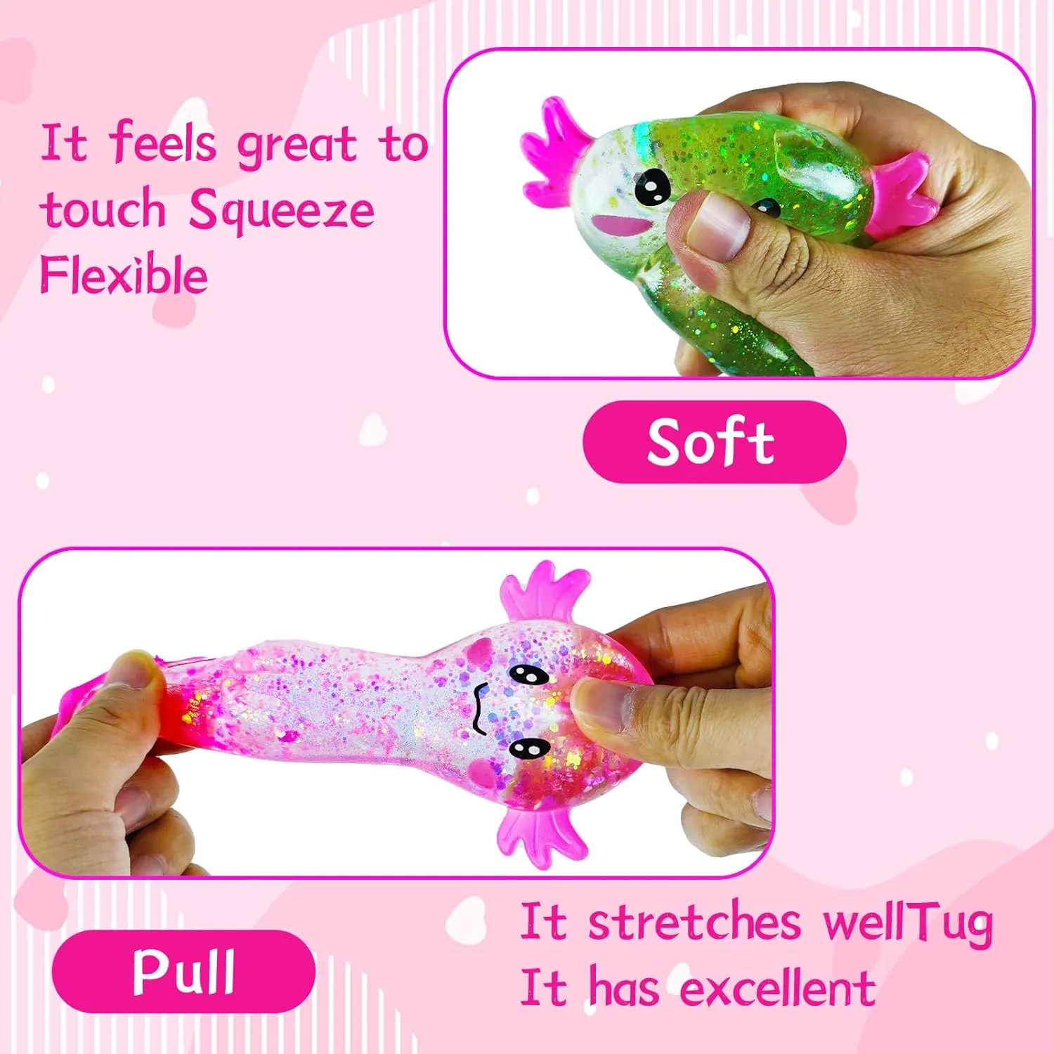 Sugar Ball Stress Relief Squeeze Toys - Fun Sensory Fidget Toys Perfect Party Favors, Gifts, and Relaxation Toys for Kids and Adults (4 Set Axolotl)
