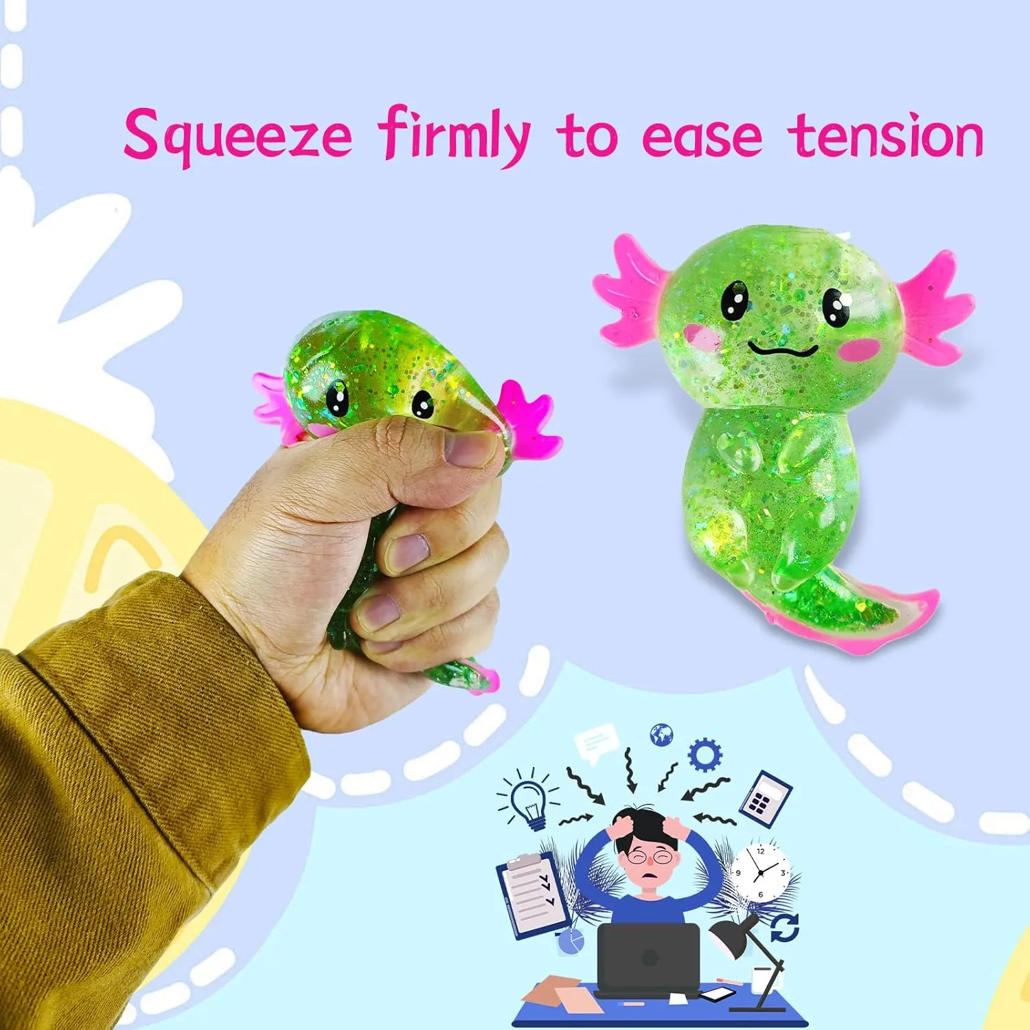 Sugar Ball Stress Relief Squeeze Toys - Fun Sensory Fidget Toys Perfect Party Favors, Gifts, and Relaxation Toys for Kids and Adults (4 Set Axolotl)