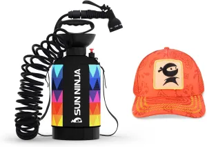SUN NINJA Portable Shower Bundle with Trucker Hat, 5L Pressurized Outdoor Shower with 7-Mode Spray, Neoprene Cover for Warmer Water, Breathable Mesh Sun Protection, Easy to Carry