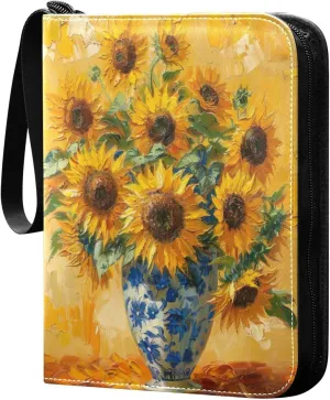 Sunflowers Painting Card Binder 4-Pocket, 400 Pockets Card Holder with 50 Removable Sleeves and Zipper for Games Baseball Football Sports Card