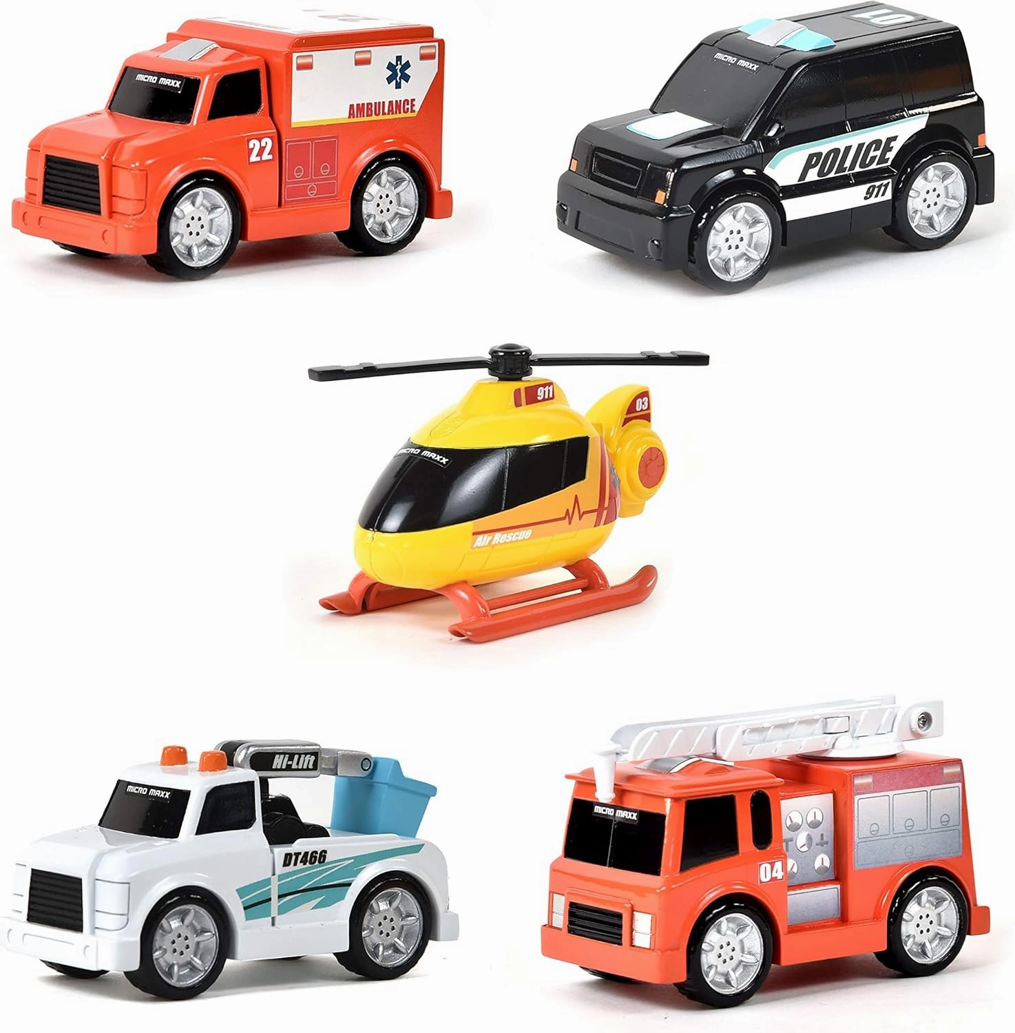 Sunny Days Entertainment Micro Mini City Vehicles – Rescue Toy Car and Truck Set for Kids | Firetruck Helicopter Police Ambulance | Free Wheeling with Moving Parts – Maxx Action