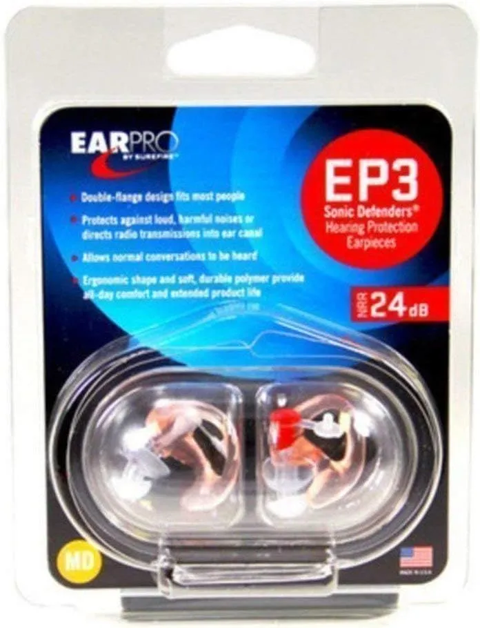 SureFire EP3 Sonic Defenders Filtered Earplugs, Double Flanged Design, Reusable