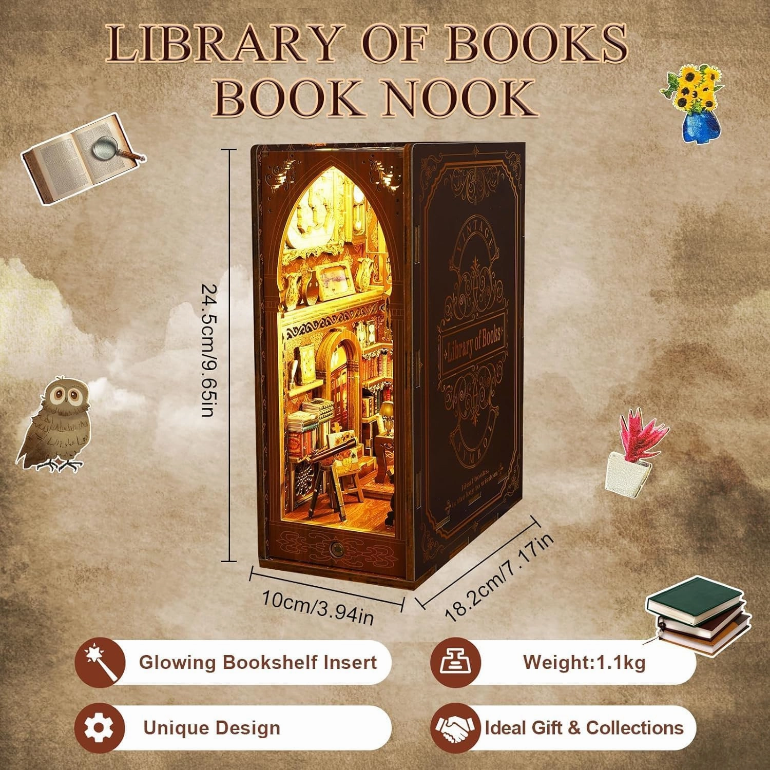 suruim DIY Book Nook Kit Bookend Puzzle Miniature Nook Library Bookshelf Insert Bookends Decoration Books Ornaments Gifts for Adults(Library)