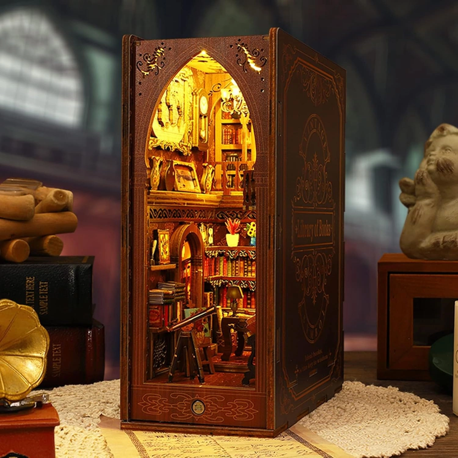 suruim DIY Book Nook Kit Bookend Puzzle Miniature Nook Library Bookshelf Insert Bookends Decoration Books Ornaments Gifts for Adults(Library)