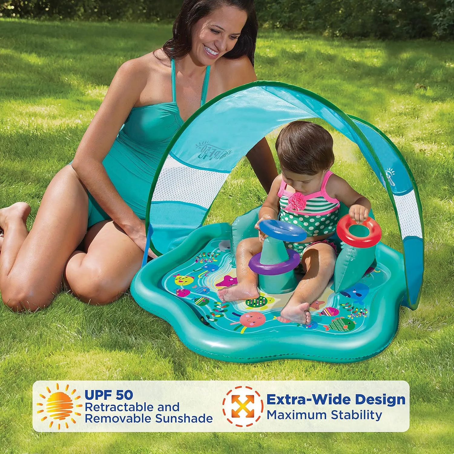 SwimSchool Infant Baby Pool Floats, Free Swimming, Super Buoyant – Ages 6-24 Months – Multiple Colors/Styles – Adjustable Canopies and Seats, Splash & Play Baby Floaties