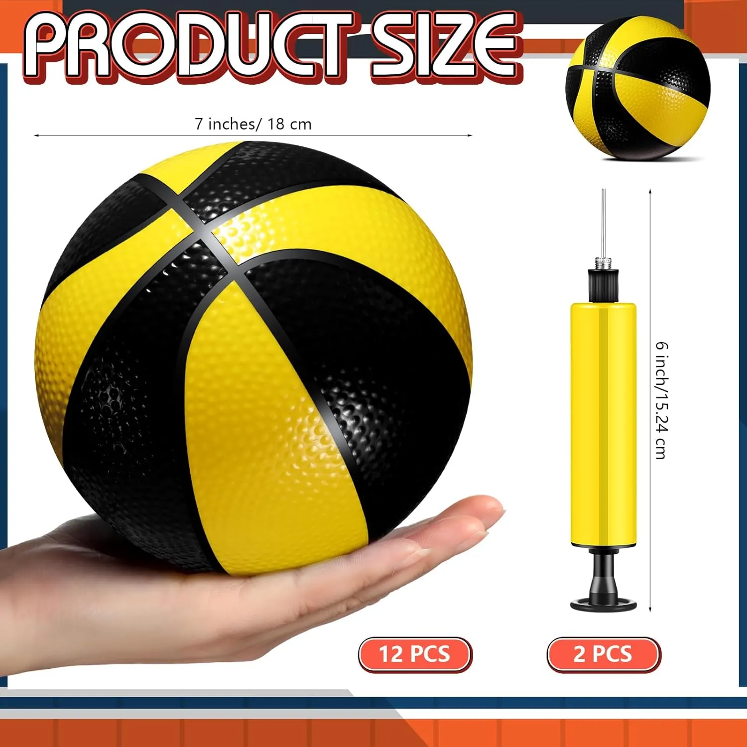 Syhood 12 Pcs Mini Small Basketballs Set with 2 Pumps, 7 x 7 Inches Small Plastic Basketball for Pool, Indoors, Outdoors Game Party Favors(Yellow Black)