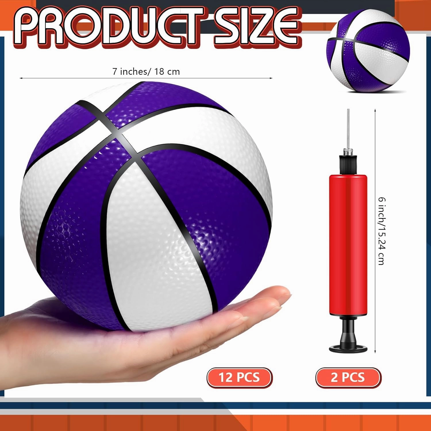 Syhood 12 Pcs Mini Small Basketballs Set with 2 Pumps, 7 x 7 Inches Small Plastic Basketball for Pool, Indoors, Outdoors Game Party Favors(Purple White)