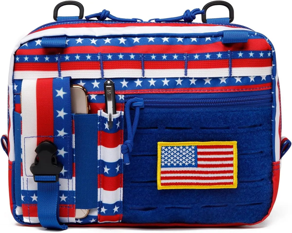 Tactical Molle Admin Pouch of Laser Cut Design,Medical EMT Organizer with Phone Pouch,EDC EMT Pack IFAK Tool Holder with US Patch (Large RedBlueStar-Without Accessories)