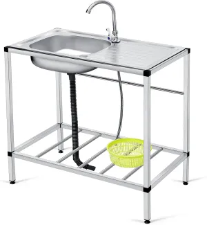 Tandefio Freestanding Outdoor Kitchen Utility Sink Set Stainless Steel Single Bowl Sink Commercial Restaurant Utility Portable Sink for Restaurant Cafe Bar Hotel Garage Laundry Room(Classic)