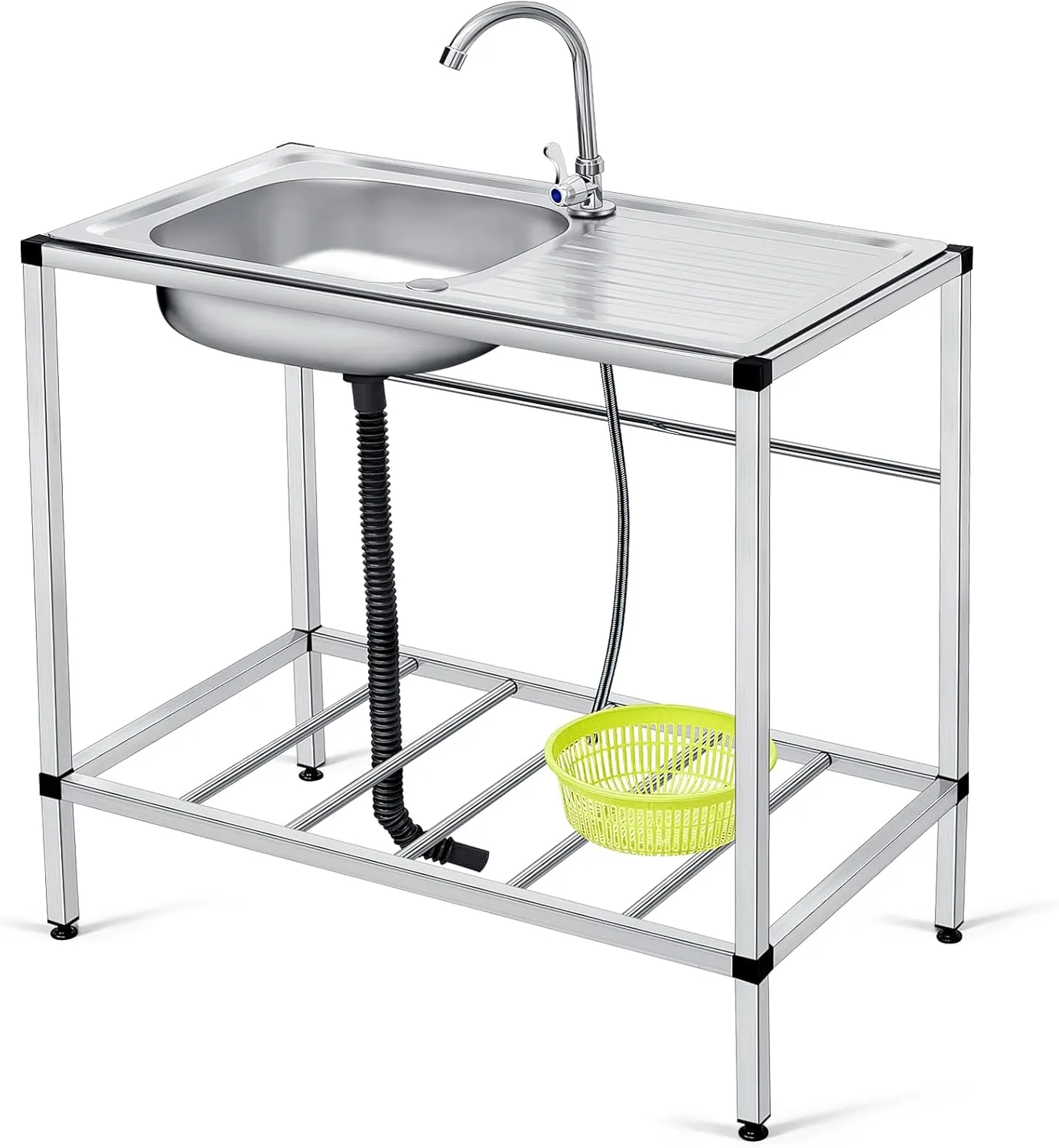 Tandefio Freestanding Outdoor Kitchen Utility Sink Set Stainless Steel Single Bowl Sink Commercial Restaurant Utility Portable Sink for Restaurant Cafe Bar Hotel Garage Laundry Room(Classic)