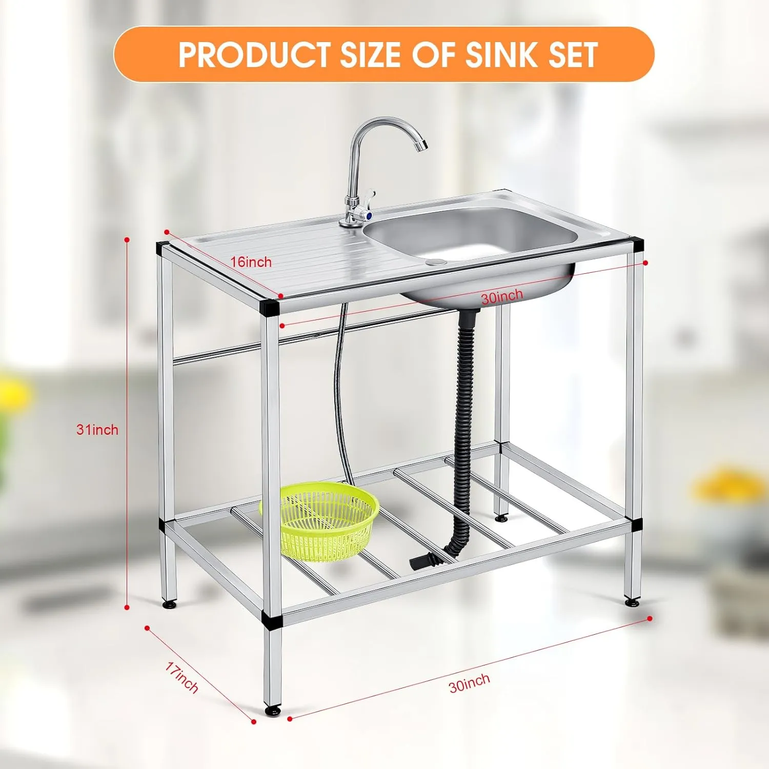 Tandefio Freestanding Outdoor Kitchen Utility Sink Set Stainless Steel Single Bowl Sink Commercial Restaurant Utility Portable Sink for Restaurant Cafe Bar Hotel Garage Laundry Room(Classic)