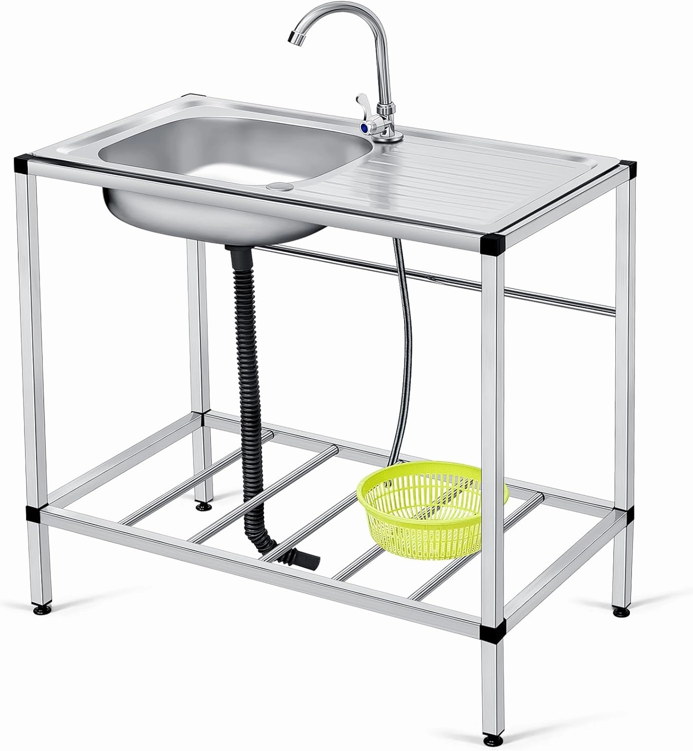 Tandefio Freestanding Outdoor Kitchen Utility Sink Set Stainless Steel Single Bowl Sink Commercial Restaurant Utility Portable Sink for Restaurant Cafe Bar Hotel Garage Laundry Room(Classic)