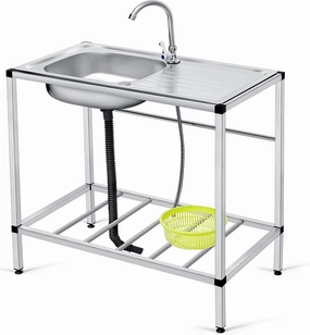 Tandefio Freestanding Outdoor Kitchen Utility Sink Set Stainless Steel Single Bowl Sink Commercial Restaurant Utility Portable Sink for Restaurant Cafe Bar Hotel Garage Laundry Room(Classic)