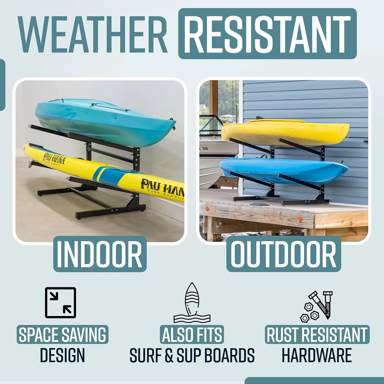 Teal Triangle Freestanding Kayak Storage Rack - Storage Rack for 2 Kayaks or Canoes - Premium Kayak Stand for Outdoor and Indoor - Adjustable Kayak Holder and Canoe Storage Stand