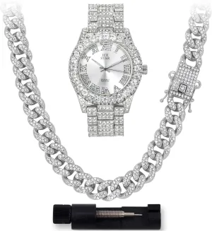 Techno Pave Womens Iced Solitaire Bezel Watch & Chain Set, 44mm Case