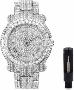 Techno Pave Men's Iced Diamond 45mm Metal Band Watch
