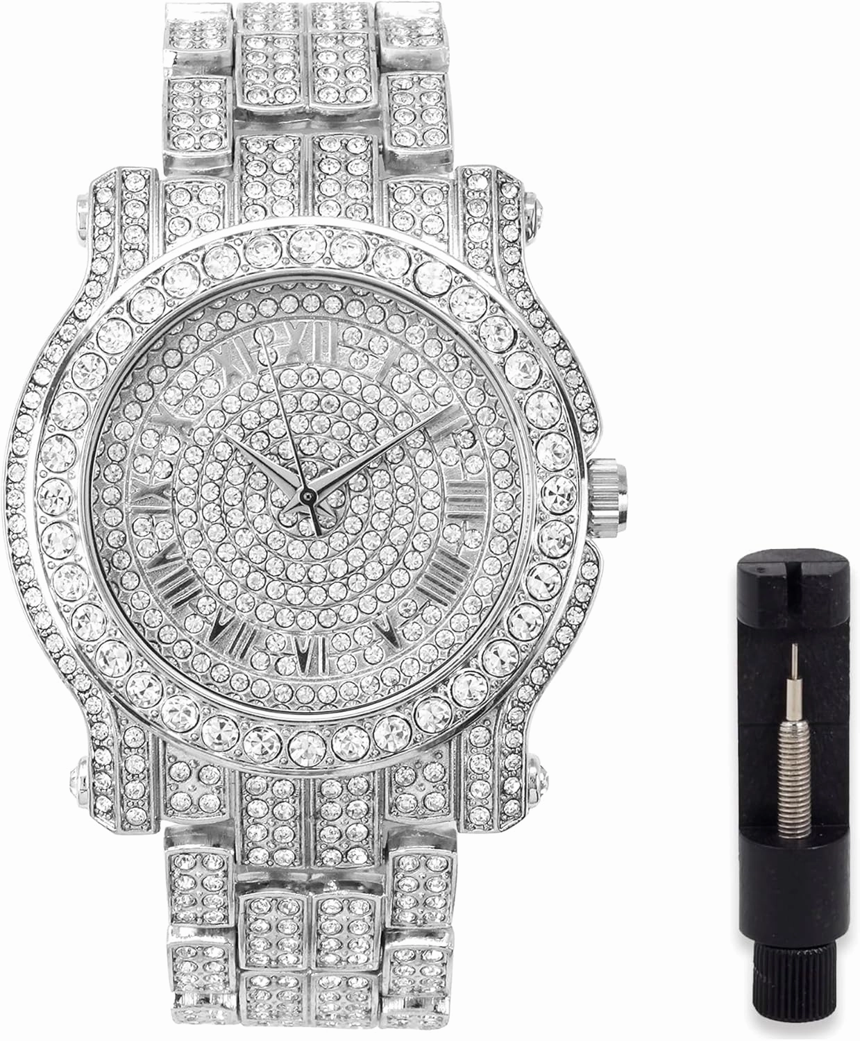 Techno Pave Men's Iced Diamond 45mm Metal Band Watch