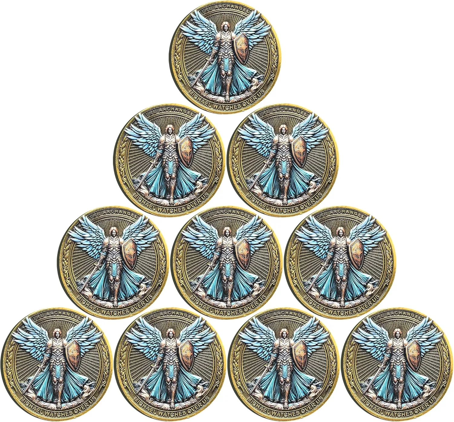 The Archangel Michael Watches Over Us Challenge Coin - Psalm 91:10-11 Inspirational Religious Collectible Coin with Clear Protective Case (Pack of 10)