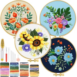 TINDTOP 4 Sets Embroidery Kit for Adults, Floral Embroidery Practice Kit for Beginners Include Embroidery Cloth Hoops Threads for Craft Lover Hand Stitch with Embroidery Skill Techniques