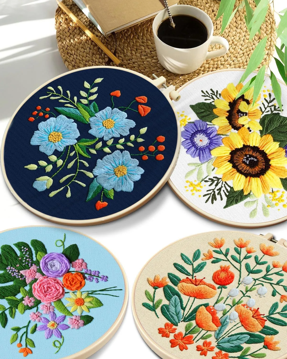 TINDTOP 4 Sets Embroidery Kit for Adults, Floral Embroidery Practice Kit for Beginners Include Embroidery Cloth Hoops Threads for Craft Lover Hand Stitch with Embroidery Skill Techniques