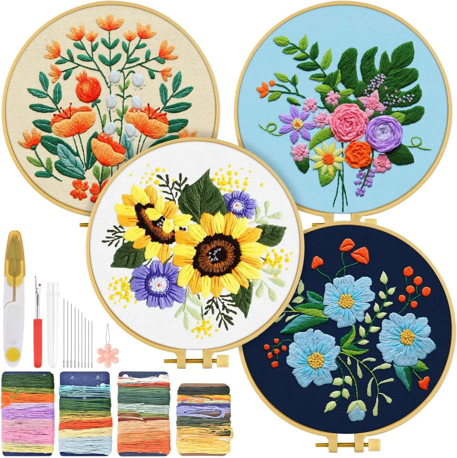 TINDTOP 4 Sets Embroidery Kit for Adults, Floral Embroidery Practice Kit for Beginners Include Embroidery Cloth Hoops Threads for Craft Lover Hand Stitch with Embroidery Skill Techniques