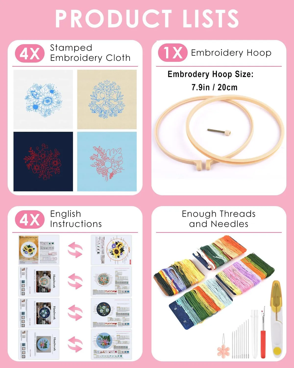 TINDTOP 4 Sets Embroidery Kit for Adults, Floral Embroidery Practice Kit for Beginners Include Embroidery Cloth Hoops Threads for Craft Lover Hand Stitch with Embroidery Skill Techniques