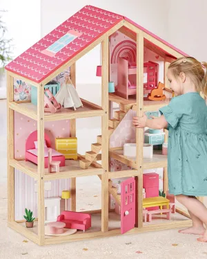 Tiny Land Wooden Dollhouse for Girls - 6 Rooms Wooden Doll House, DIY Pretend Doll House with 30Pcs Furniture Accessories, Creative Gift for Girl Ages 3 